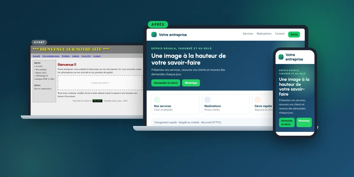 Avant / après : un site daté transformé en site moderne, sur ordinateur et téléphone